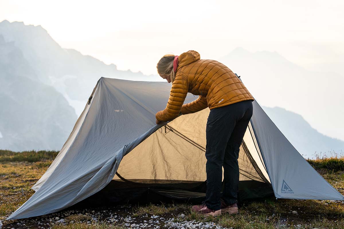 Adjusting door on Durston X-Mid 1 trekking pole shelter 2